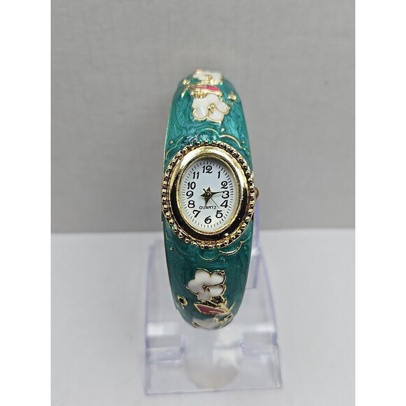 Floral Cloisonne Style Hinged Bangle Watch Green Enamel Gold Tone New Battery - Picture 1 of 12